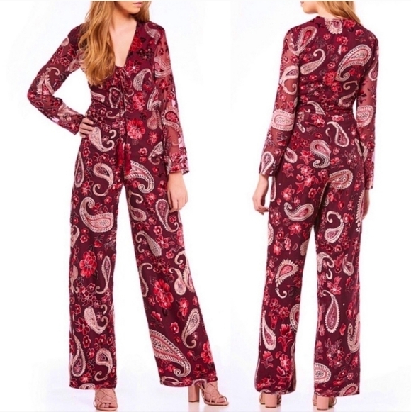 Anthropologie Pants - NWT Chelsea & Violet Maroon Velvet Boho Paisley Jumpsuit Sz Medium